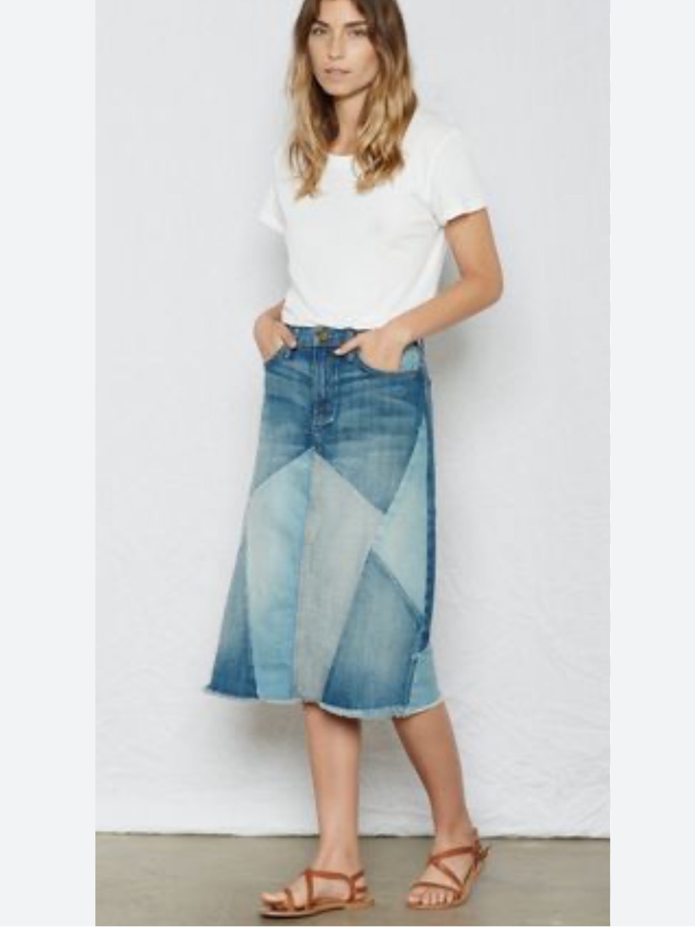 Current/Elliott Two-Tone Patchwork Denim Midi Skirt in Blue